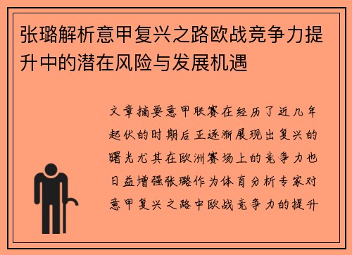 张璐解析意甲复兴之路欧战竞争力提升中的潜在风险与发展机遇